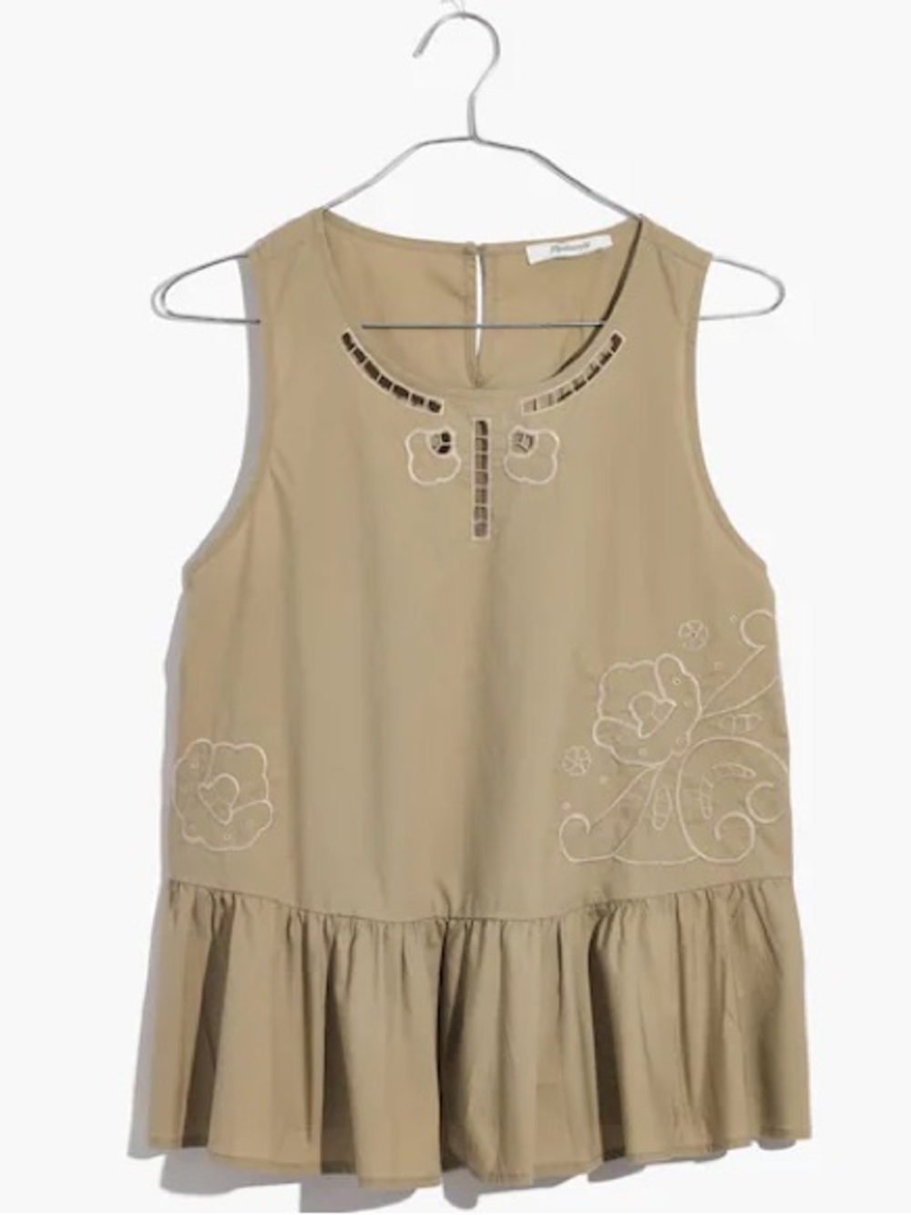 Madewell 100% Cotton Ash Green Embroidered Peplum Tank Top XXS Floral Boho